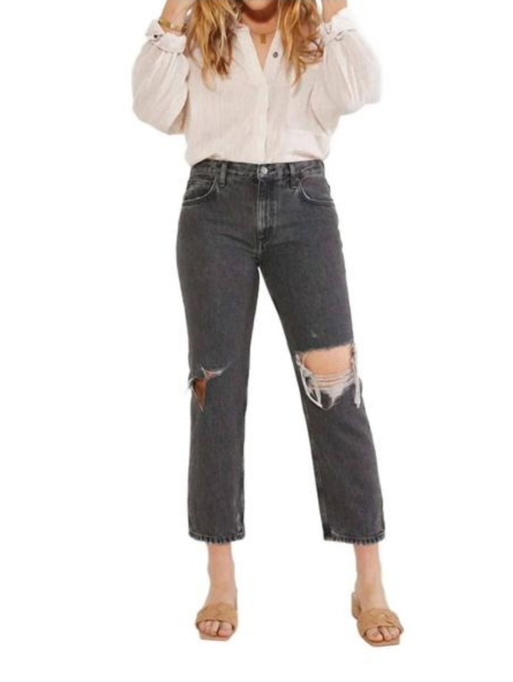 Etica Jeans Womens 25 Rhea Mid Rise Straight Crop Smokey Mountain Distressed NWT
